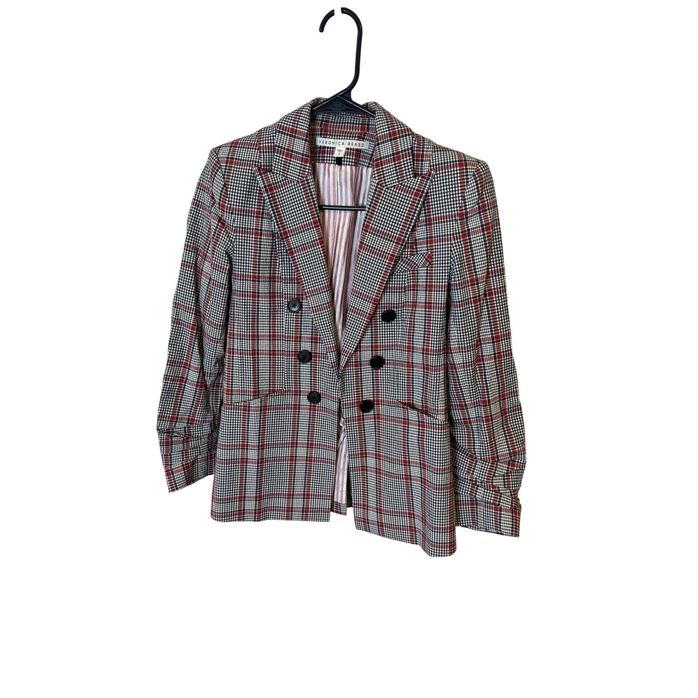 Veronica Beard Red Plaid Double Breasted Blazer Jacket Size 0 Ruched Sleeve USA